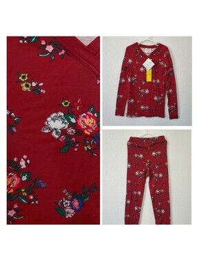 Hanna Andersson Kids Organic Cotton Burgundy Floral Long John Pajamas PJ Set 8